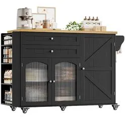 FINETONES Kitchen Island with Storage, Rolling Kitchen Island on Wheels with Wood Dr...