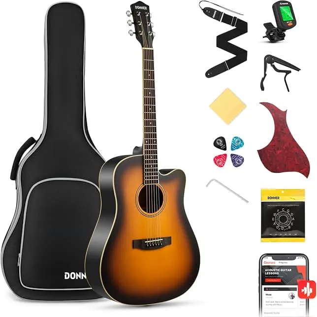 Donner Acoustic Guitar for Beginner Adult Full Size Cutaway Acustica Guitarra Bundle Kit with Free Online Lesson Bag Strap Tuner Capo Pick…