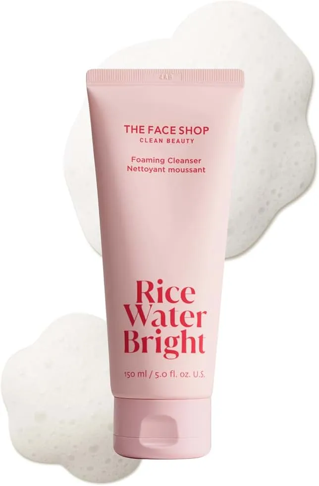 The Face Shop Rice Water Bright Foaming Facial Cleanser with Ceramide, Gentle Face Wash for Hydrating & Moisturizing, Vegan Face Cleanser, Makeup Remover, Korean Skin Care for All Skin Types, 150ml