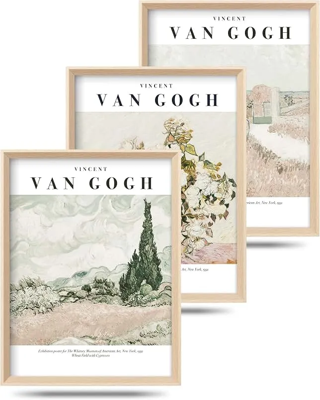 HesenDot Van Gogh Framed Wall Art, Neutral Canvas Prints Set of 3 | 12x16IN High Framed Design Prints, Floral Landscape Artwork, Vintage…
