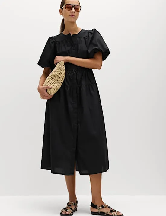 Tailliertes Midikleid aus reiner Baumwolle mit Puffärmeln