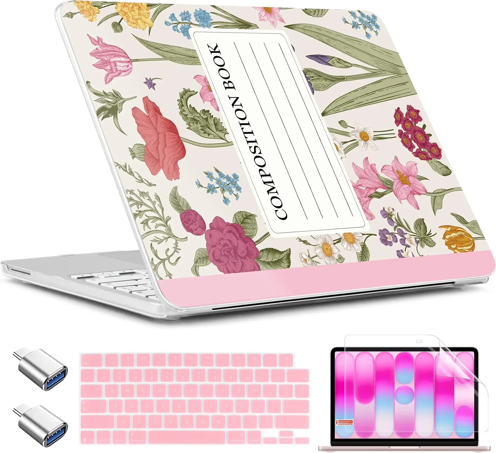 TWOLSKOO for MacBook Neo 13 inch Case 2026 A3404 A18 Pro Chip, Plastic Hard Shell Pattern Case with Type C Adapter, 2 Webcam Covers, Keyboard Cover & Screen Protector, Floral Compostion Book