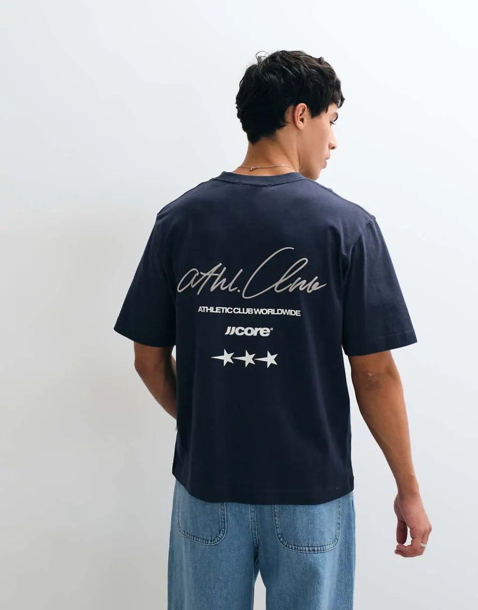 Jack & Jones athletic club script backprint t-shirt in petrol blue
