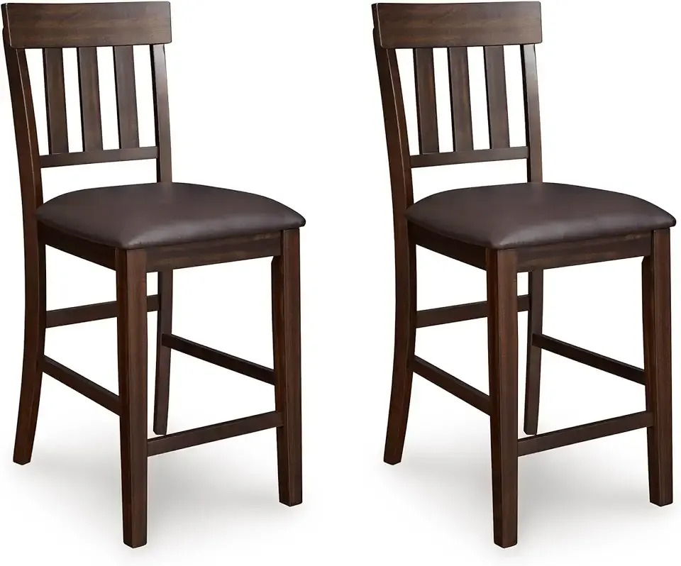Signature Design by Ashley Haddigan Upholstered Barstool, 2 Count, Slat Back Design, Cushioned Seat, Wood, 25.5" H, Dark Brown