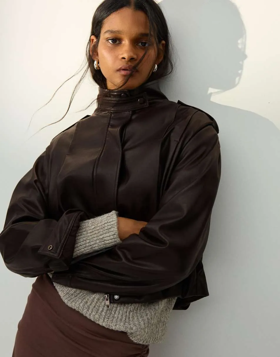 Bershka Pleated leather effect jacket in brown