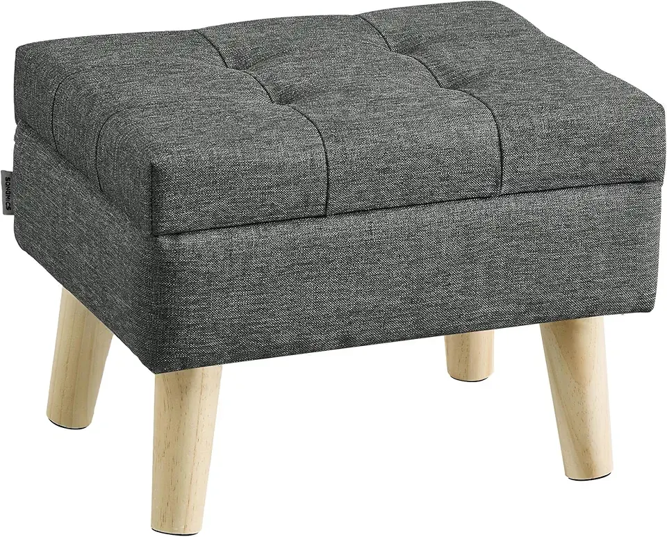 Storage Ottoman, Foot Stool, Ottoman with Padded Seat, Foot Rest with Wood Legs, Small Table, for Hallway, Living Room, 11.8 x 15.7 x 11.4 Inches, Linen-Look Fabric, Slate Gray ULOM517GN01