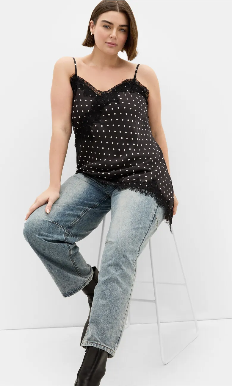 Spot Lace Trim Cami - dark chocolate