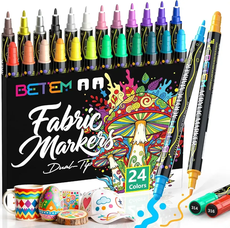 Betem 24 Colors Dual Tip Acrylic Paint Markers, Fabric Decorating Kits Premium Water-Based Acrylic Paint Pens Art Supplies for Fabric, Rock, Wood, Glass, Canvas, Ceramic, Teacher Appreciation Gift