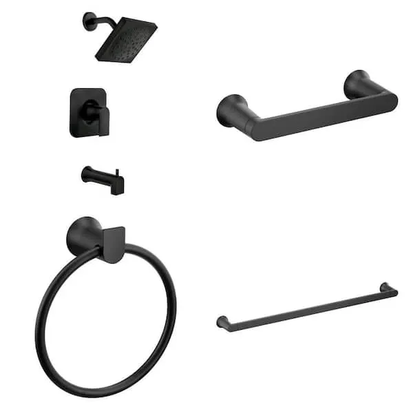 Genta Matte Black Tub/​Shower Faucet with Valve, Toilet Paper Holder, Towel Ring, and 24 in.​ Towel Bar Combo