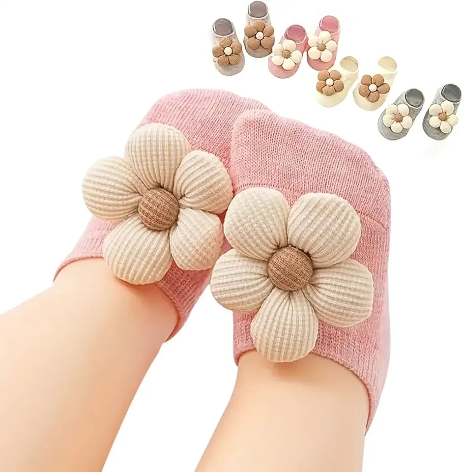 4Packs Baby Girls Socks,Flower Non-Slip Grips for Babies Toddler Princess