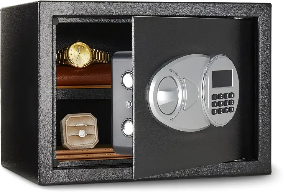 Amazon Basics Steel Security Safe and Lock Box with Electronic Keypad, for Cash, Jewelry, Documents, Black, 0.5 Cubic Feet, 13.8" W x 9.8" D x 9.8" H