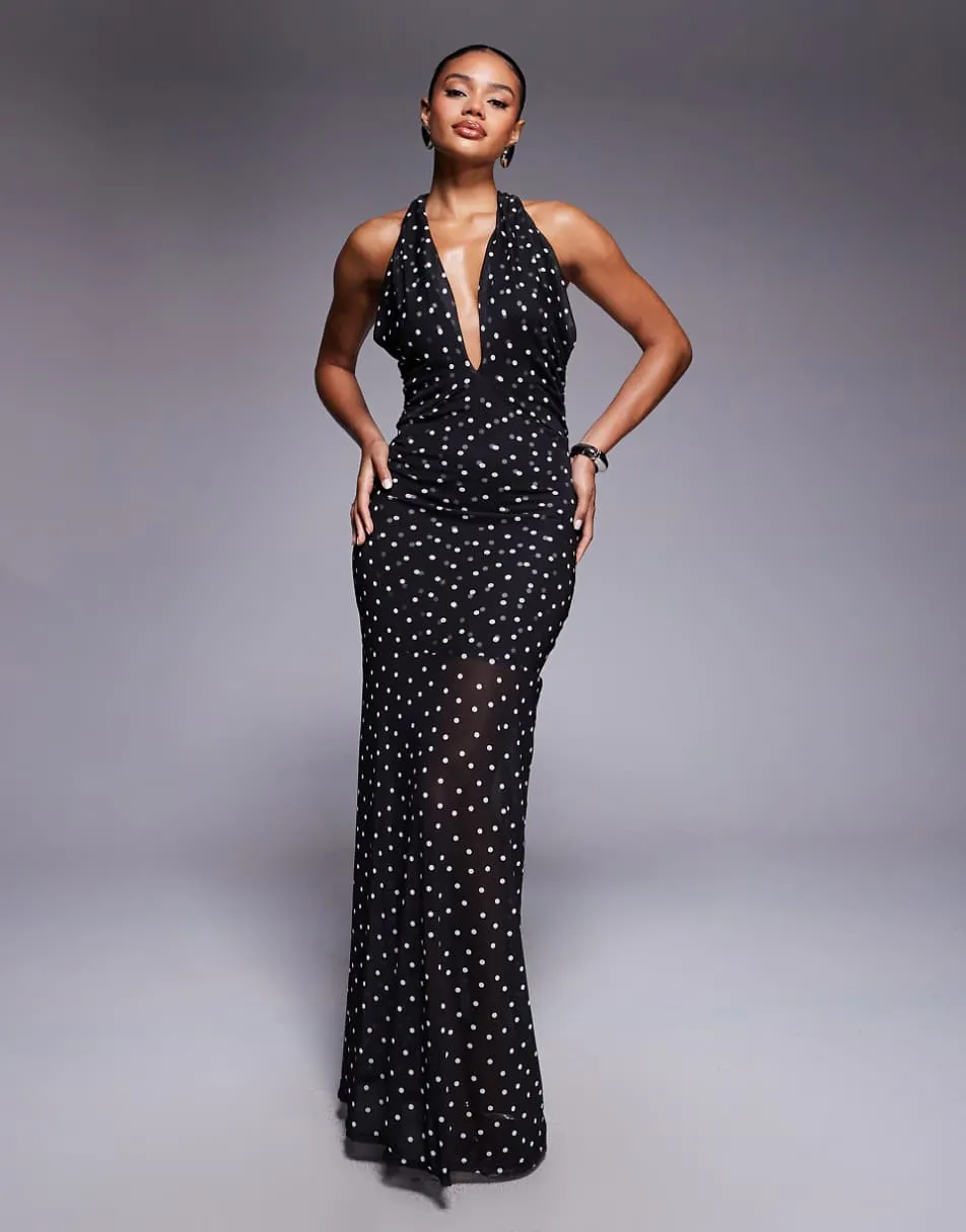 ASOS DESIGN halterneck detail mesh maxi dress with sheer skirt in polka dot print