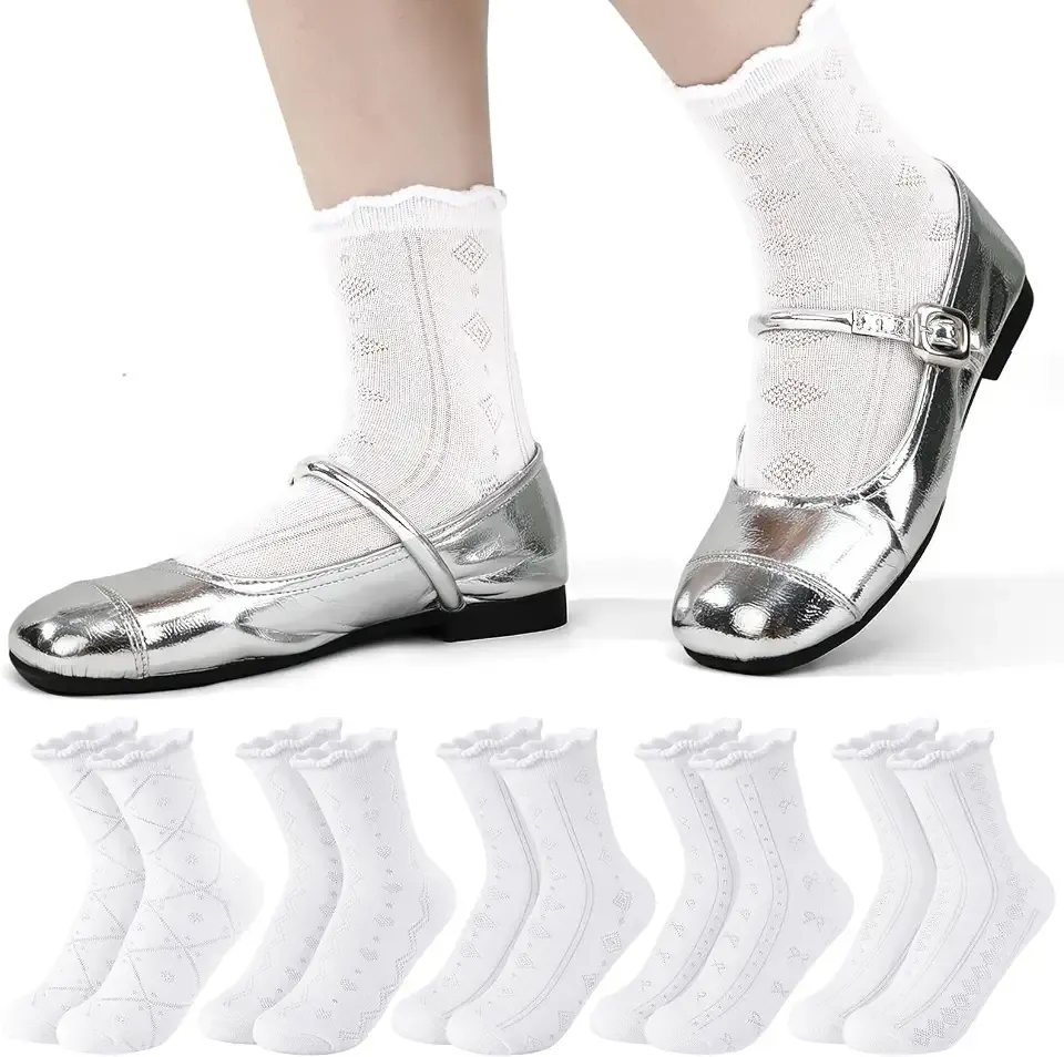 10 Pairs Girls Ruffle Socks Mesh Thin White Socks Frilly Cotton Crew Sock for Kids 3-5 Years School Uniform Dress
