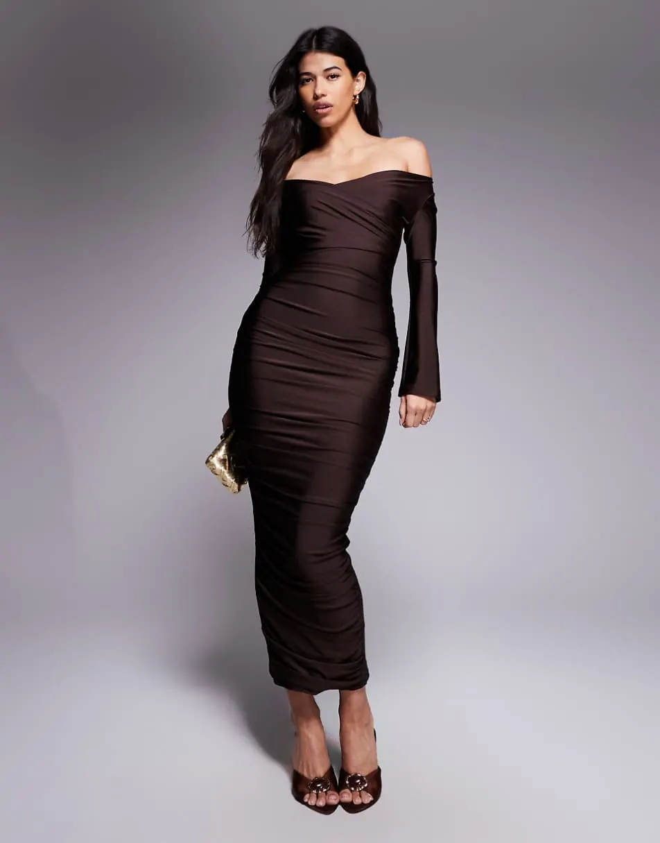 Ruched & Ready You Wish sculpted high shine off shoulder sweetheart neck maxi dress in chocolate