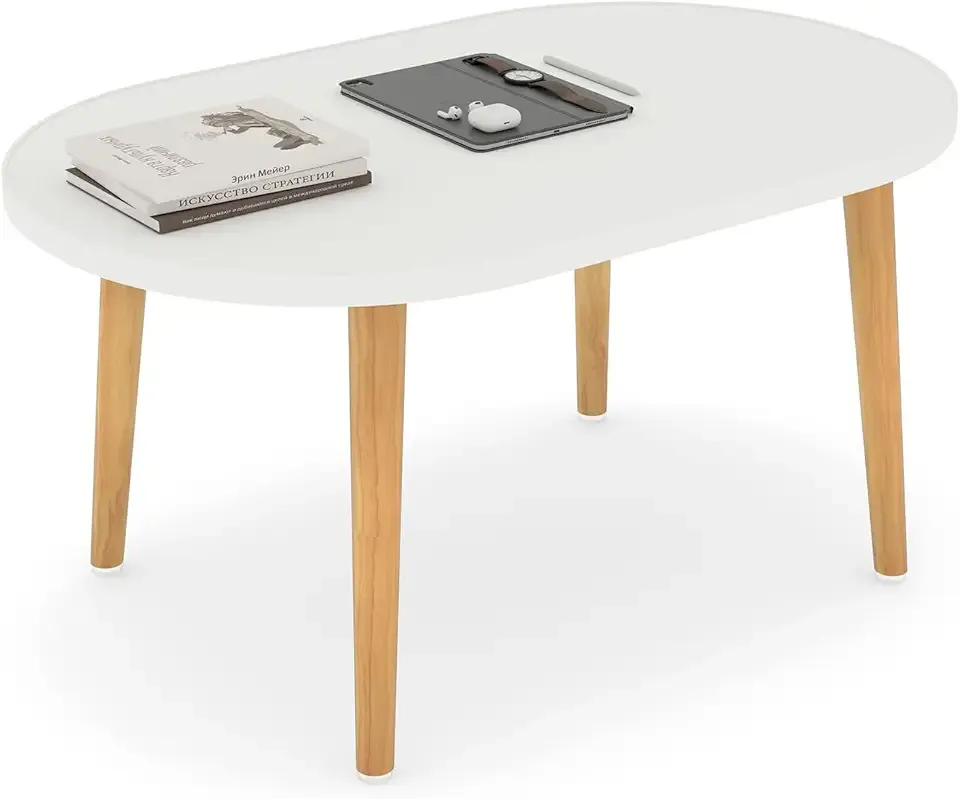 Oval Coffee Table Low Table with 4 Solid Wood Sturdy Legs, Floor Table Desk for Sitting on The Floor, Storage and Living Room Furniture (White)