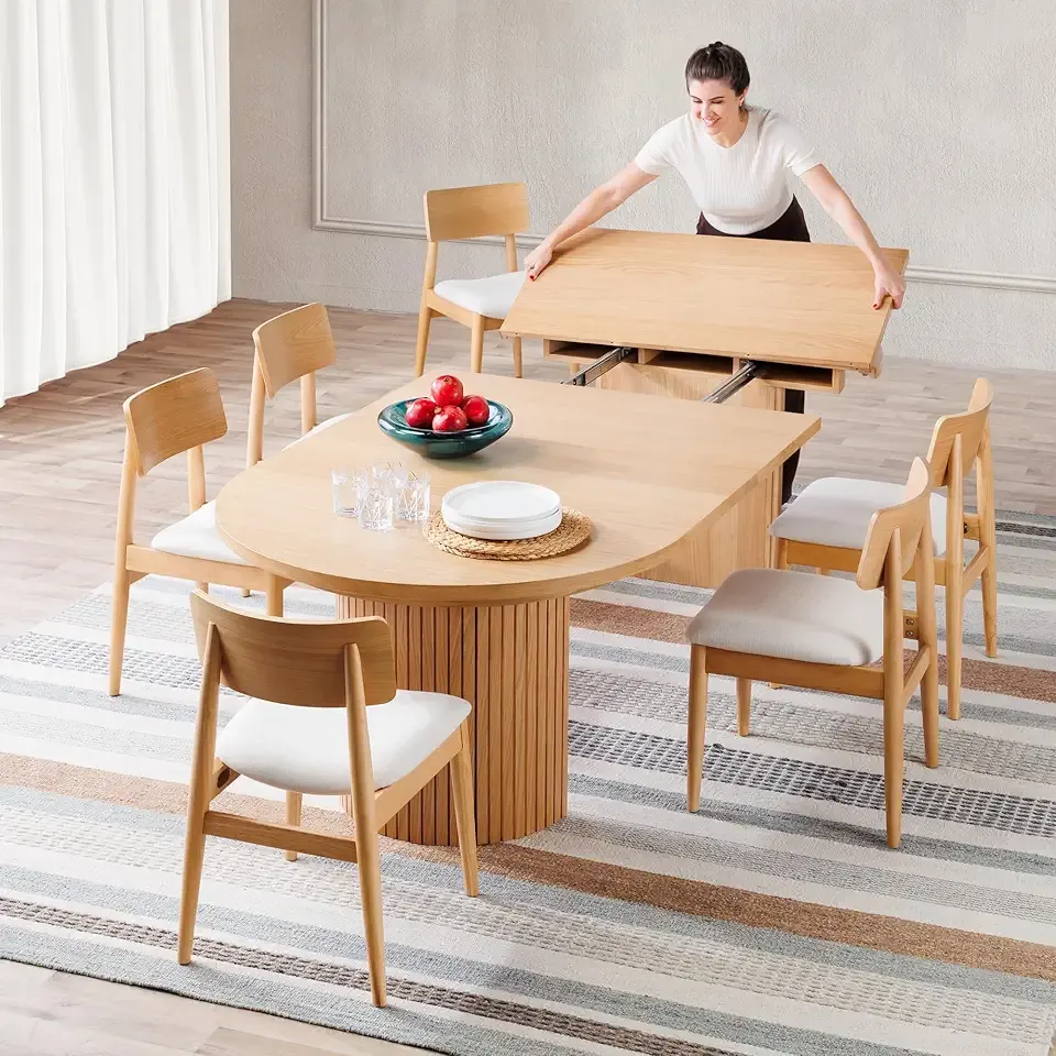 Transformer Table - Solid Wood Extendable Round Dining Table Set with 6 Chairs, Seats 2-10, Extendable Round Dining Set, Space-Saving Modern Furniture, Natural (Table + 6 Chairs)