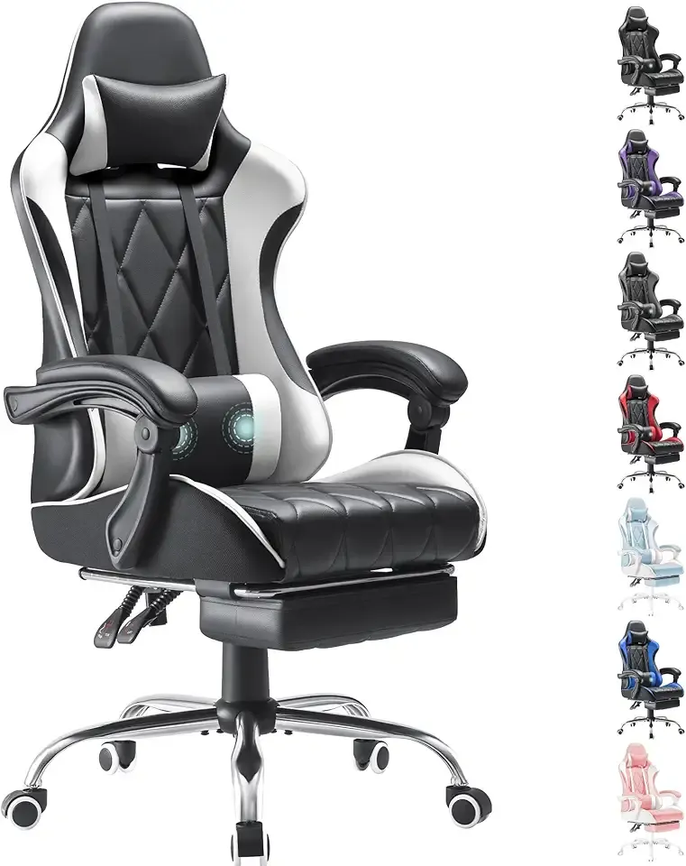 Homall Gaming Chair, Computer Chair with Footrest and Massage Lumbar Support, Ergonomic High Back Video Game Chair with Swivel Seat and Headrest (White)