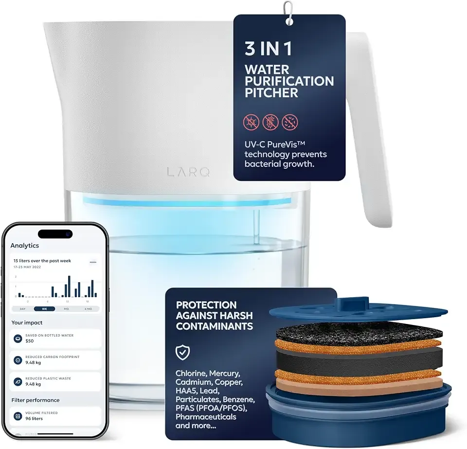 LARQ PureVis 3-in-1 Smart Water Filter Pitcher with UV-C Purifier and App