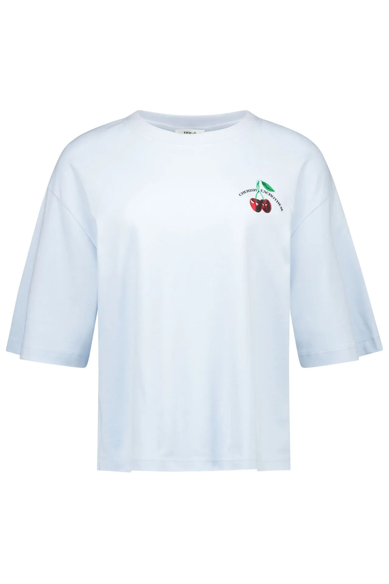 Lichtblauw shirt met kers