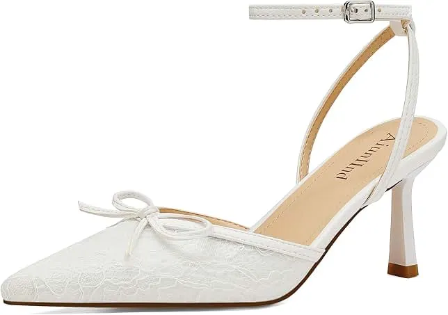 AIUNIIND Kitten Heels for Women, Closed Pointed Toe Lace Pumps, 2.75 inch | High Heel Wedding Shoes, Ankle Strap Bow Tie Slingback For…