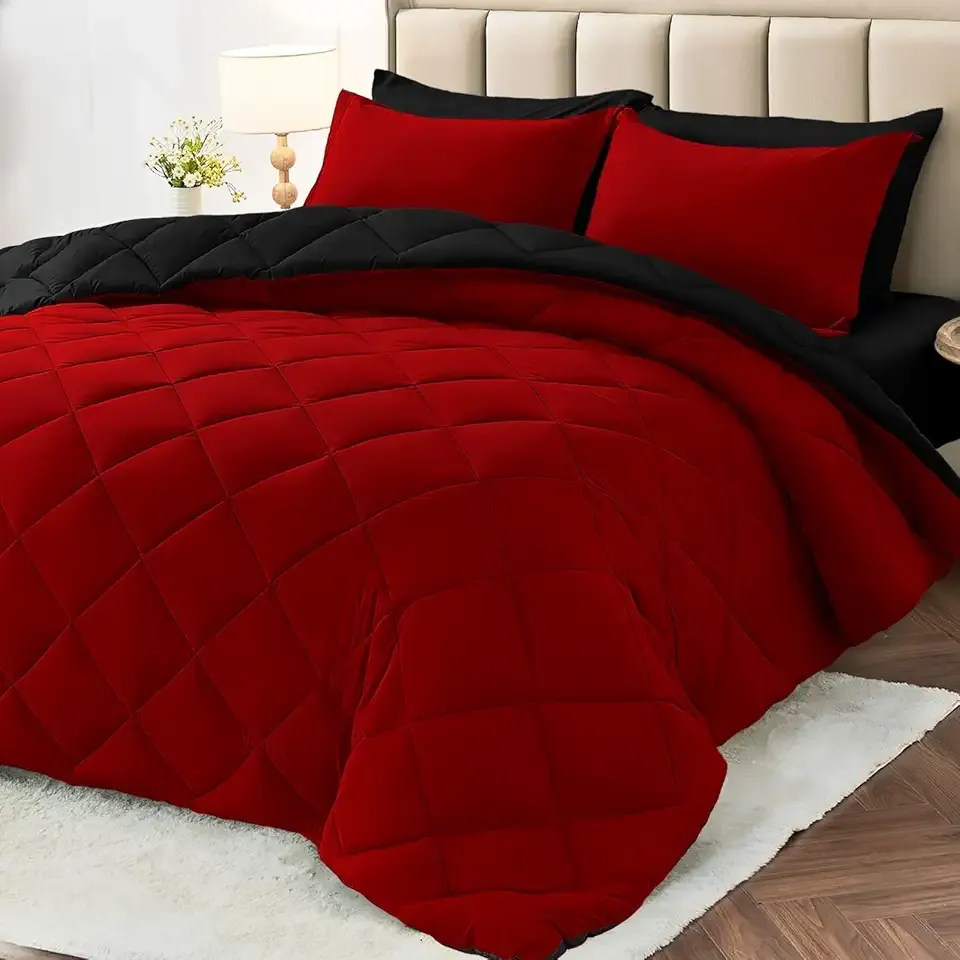 MUXHOMO 7 Pieces King Comforter Set, Reversible Bed in a Bag King Size, All Season Bedding Set with Comforter, Flat Sheet, Fitted Sheet, Pillowcases & Shams, Red & Black