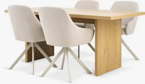 MUNKEBY + ROSTRUP MUNKEBY L180 tafel warm eiken + 4 ROSTRUP stoelen beige