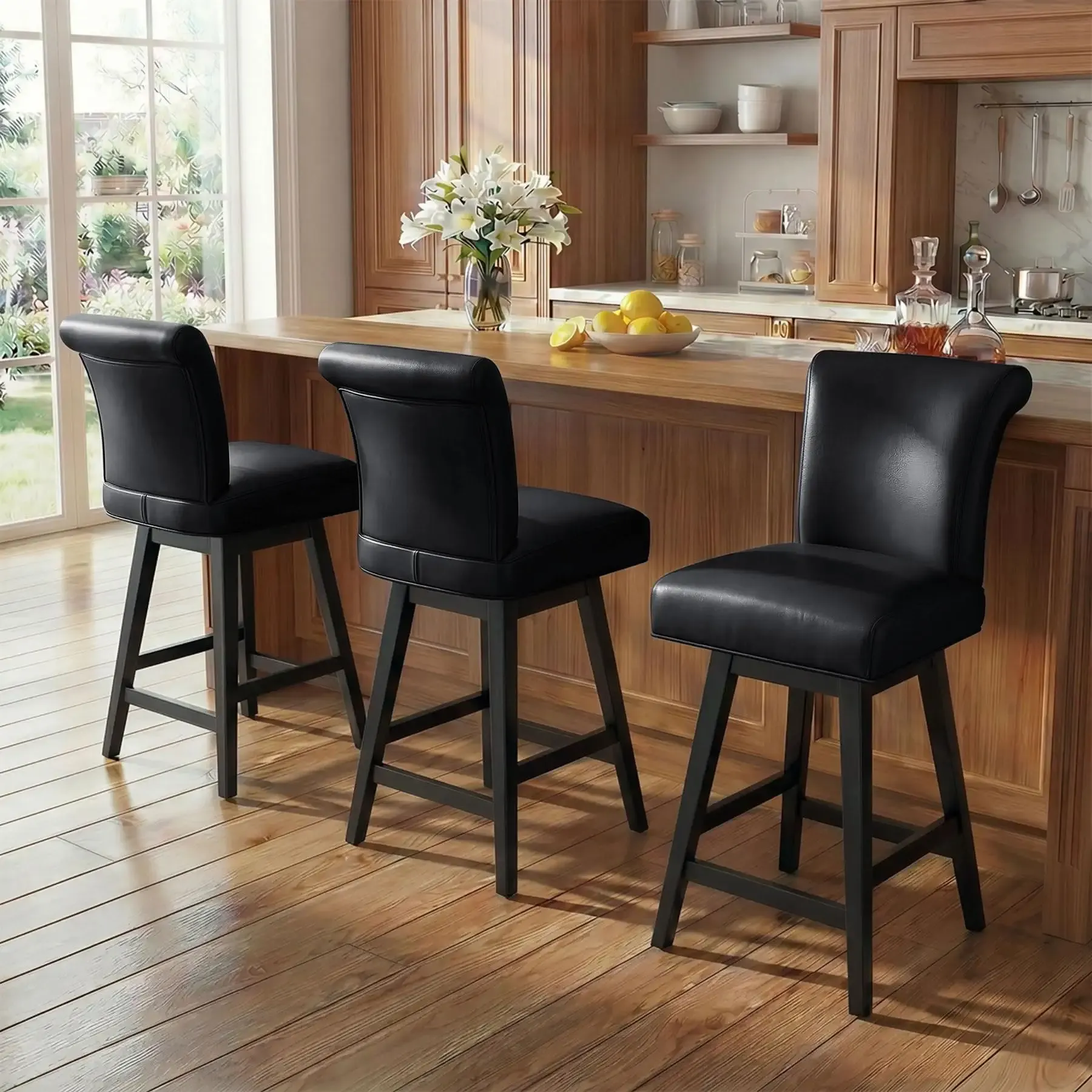 Swivel Bar Stools Set of 3, 26" Modern Leather Counter Height Bar Stools with Back and Square Solid Wood Legs for Kitchen Island, Dining Room
