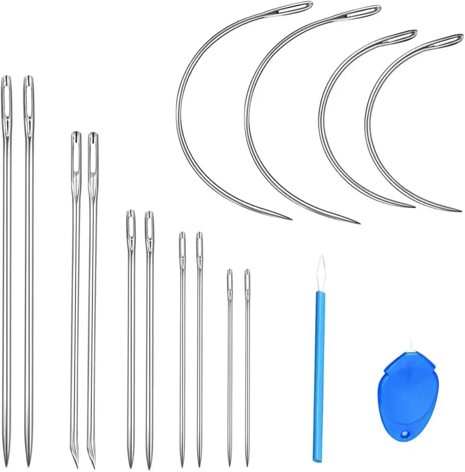 14PCS Sewing Needles Kit, Premium Heavy Duty Large Eye Leather Hand Stitching Needles, Includes 10 Straight & 4 Curved Needles, 2 Threaders for Home Upholstery, Car Carpet, Canvas and Leather Repair