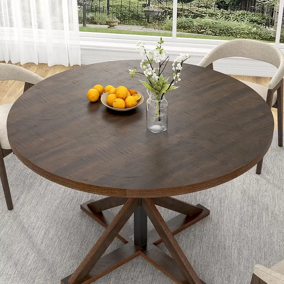 Round Wood Dining Table for Kitchen,Dining Room,Living Room,Farmhouse Dinner Tables W/Thickened Brown Wooden Waterproof Tabletop for 4 People,47 inch Rustic Kitchen Table W/Metal Support