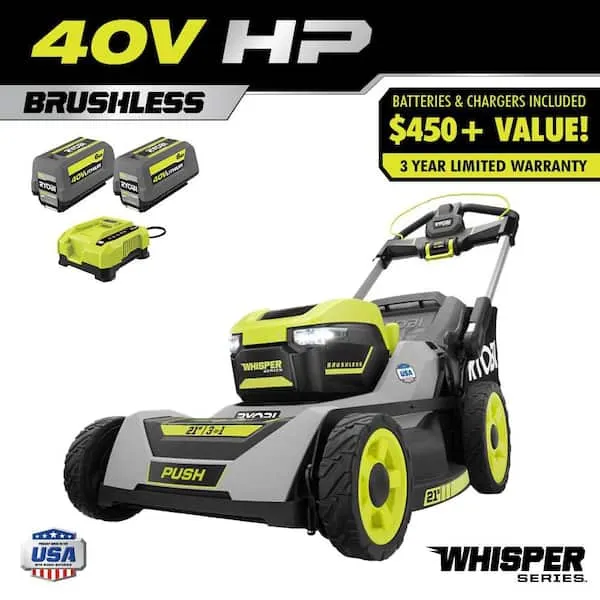 RYOBI 40V HP Brushless 21" Whisper Series Cordless Walk-Behind Multi-Blade Push Lawn Mower - (2) 6.0 Ah Batteries & Charger