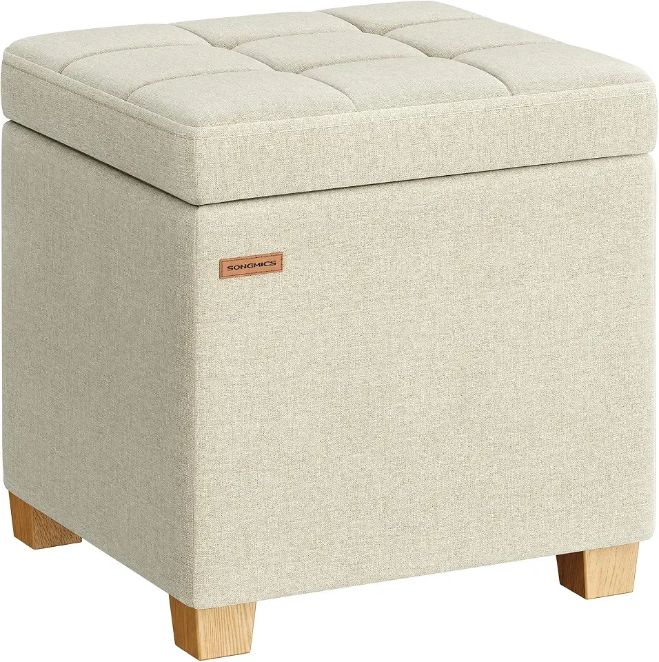 Square Storage Ottoman with Hinged Lid, 16.9 x 16.9 x 18.1 Inches | Foot Stool Footrest with Legs, Cube, Linen-Look Fabric, for Living Room, Bedroom, Summer Sand, MACEO Collection ULOM509LF01