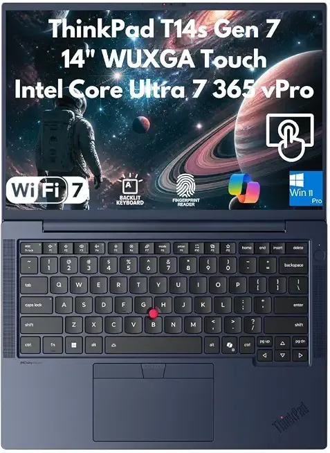 Lenovo ThinkPad T14s Gen 7 AI-Ready Business Laptop 2026, 14" WUXGA Touch, Intel Core Ultra 7 365 vPro, 32GB LPDDR5X RAM, Custom 512GB / 1TB / 2TB PCIe SSD, FPReader, IR Cam, Wi-Fi 7, Copilot Win11Pro