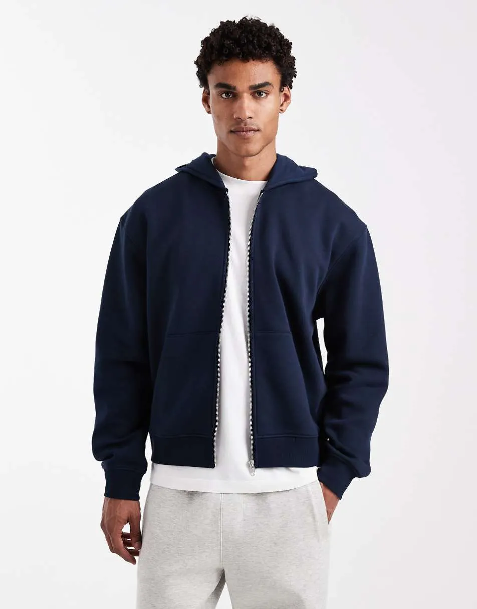 ASOS DESIGN essentials boxy relaxed zip through hoodie in navy