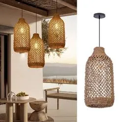 Great Choice Products Boho Rattan Pendant Light Fixtures, Mini Farmhouse Natural Cei...