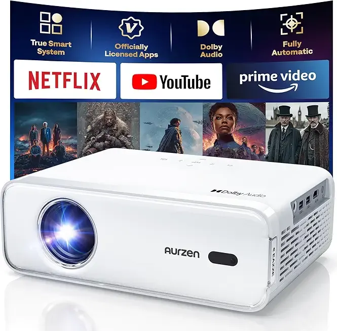Aurzen EAZZE D1 Smart Projector with WiFi and Bluetooth, Netflix-Officially-Licensed, Auto Focus & Keystone, DoIby Audio, Native 1080P Movie, Portable Outdoor Mini Projector, White