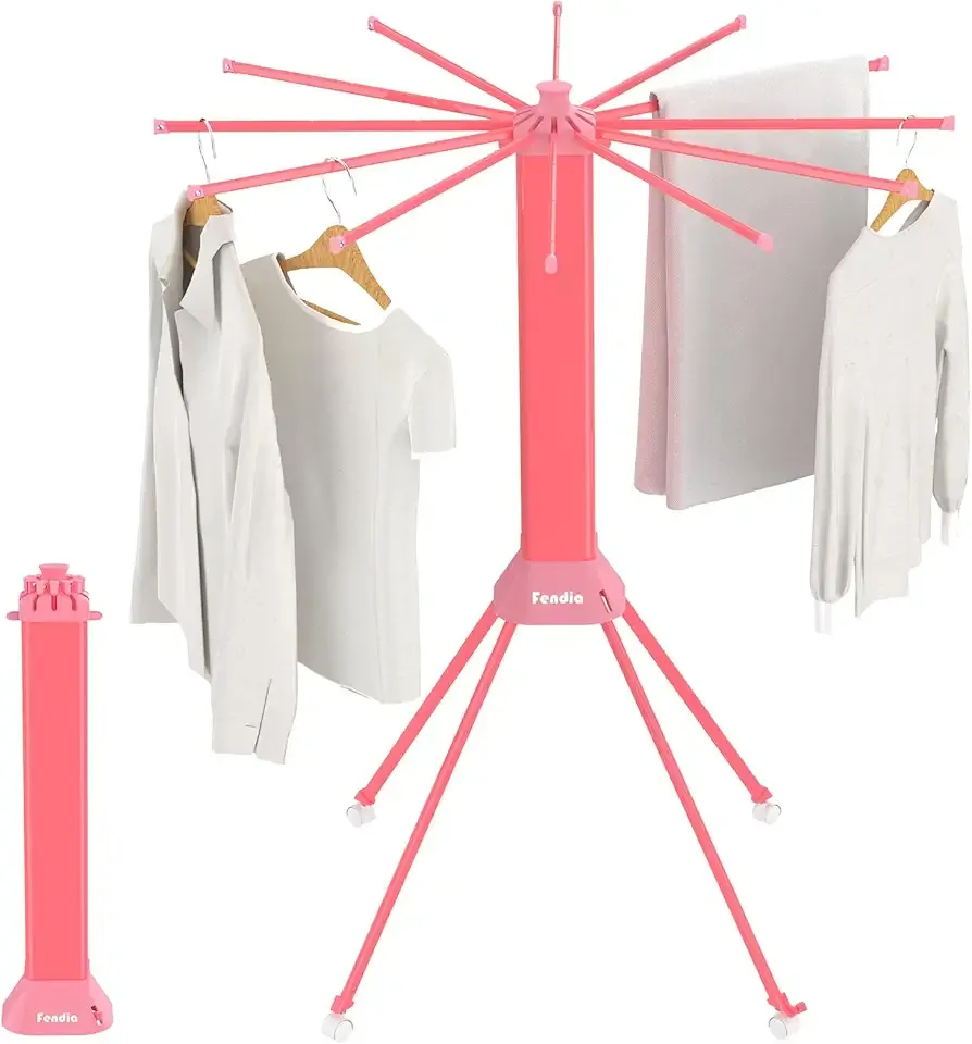 Clothes Drying Rack ​Foldable & ​Collapsible Drying Racks with 4-Leg Octopus Design, Large Capacity ​Space Saving Indoor Drying Rack for Bedroom,Balcony,Laundry for Indoor/Outdoor Use（Pink）
