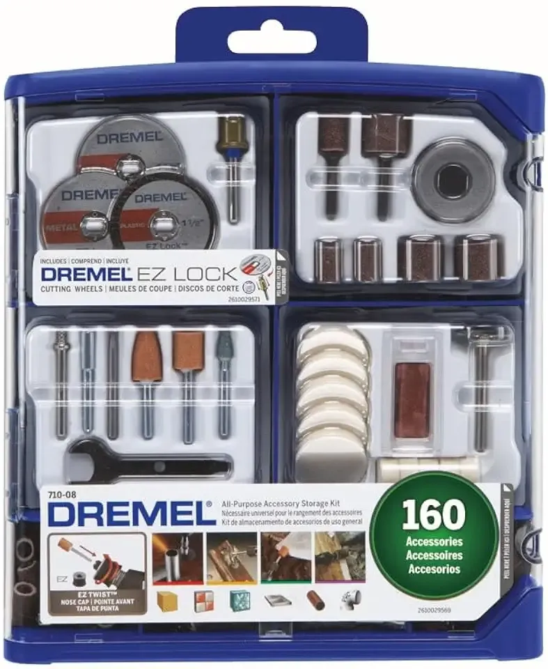 Dremel 160-Piece Rotary Tool Accessory Kit w/EZ Lock Technology (710-08) | Reusable Storage Case, Sanding Bands, Cut-Off Wheels, Grinding Stones, Carving Bits for use with Rotary Tools