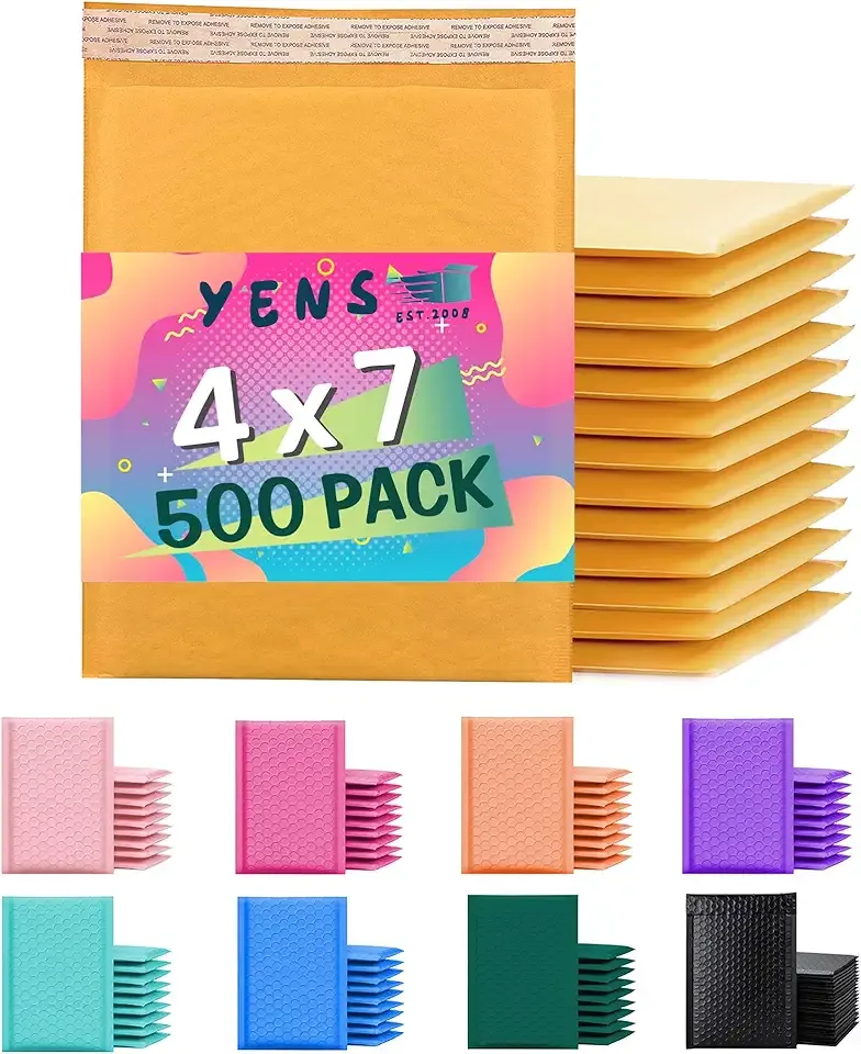 Yens Kraft Bubble Mailers 4x8 inch 500 pack Seal Adhesive Shipping Bags, Cushioning Padded Envelopes for Shipping, Mailing, Packaging Usable Space 4x7 KF#000-500