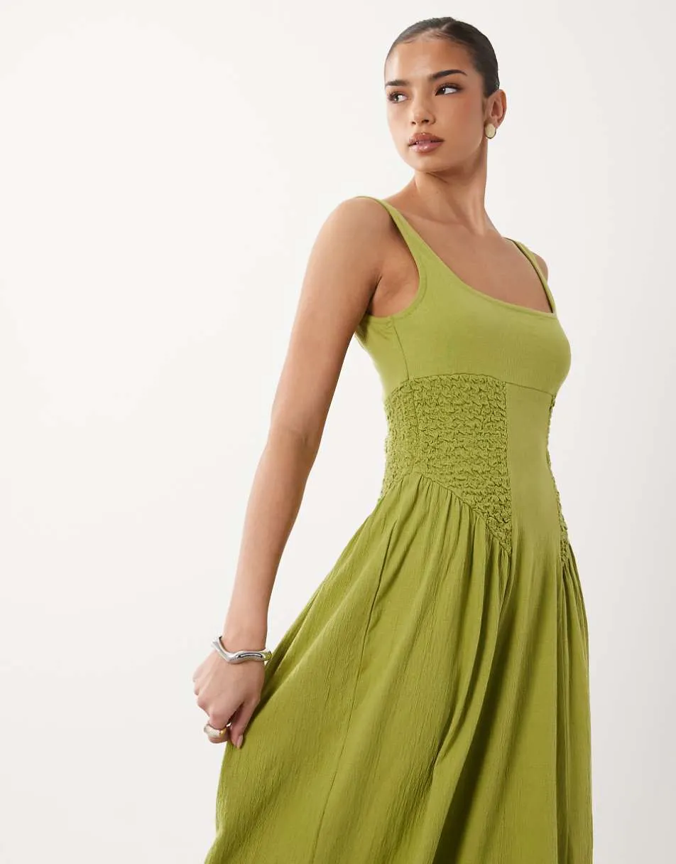 ASOS DESIGN crinkle square neck panel detail midi dress in citrus green