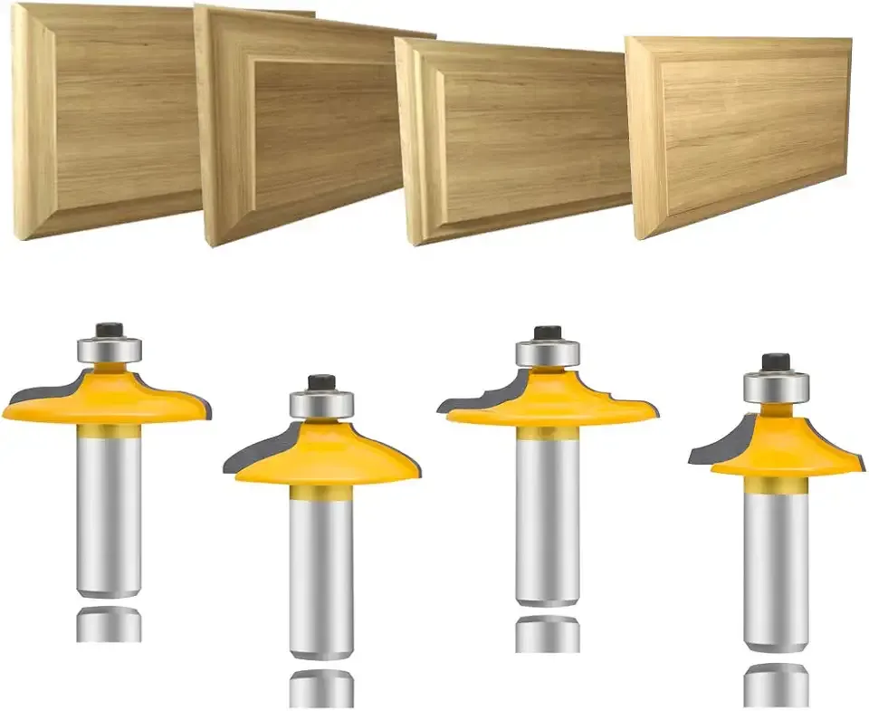 LEATBUY Door&Drawer Front Edging Router Bit Set 1/2-Inch Shank 4 PCS, Woodworking Milling Cutter Tools, Carbide Cutter CNC Router(1/2-shadow)