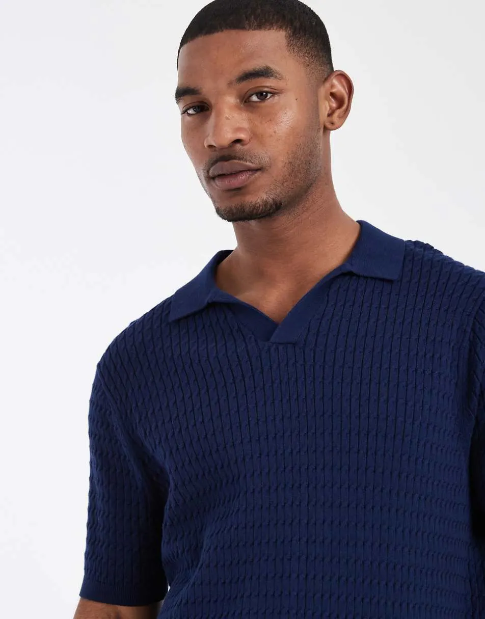 CAPO cable twist open collar polo shirt in navy