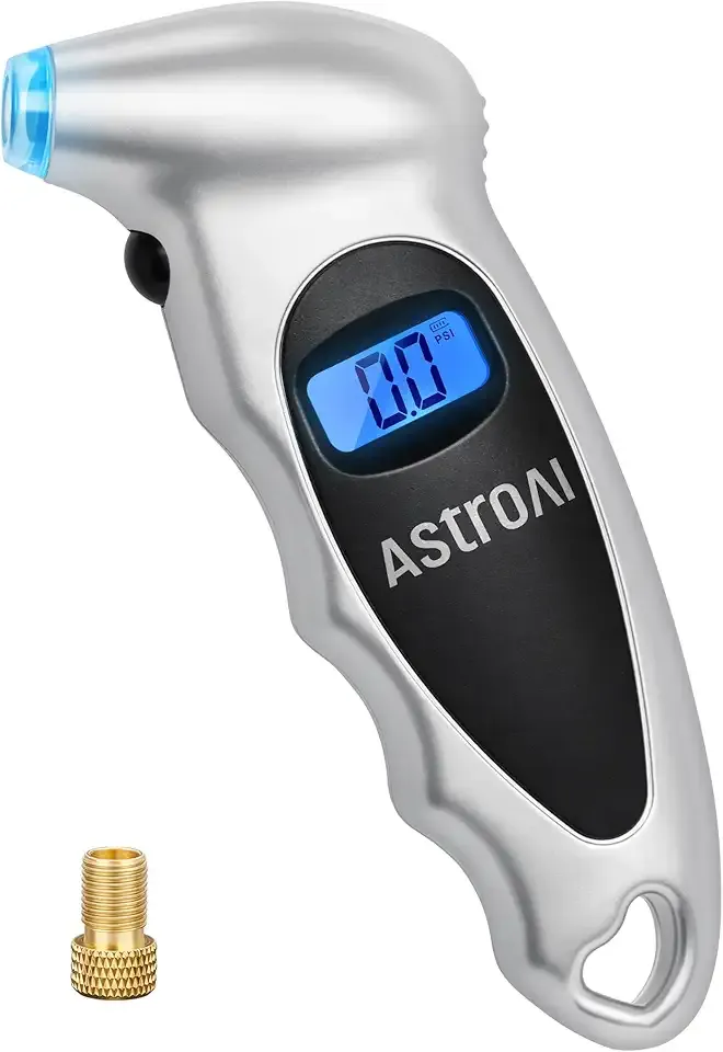 AstroAI Tire Pressure Gauge Digital 0-150PSI (Accurate in 0.1 Increments), 4 Settings Stocking Stuffers for Car Truck Bicycle with Backlight LCD and Presta Valve Adaptor, Sliver