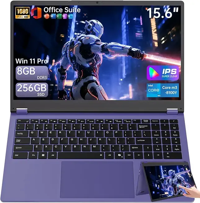 15.6" Laptop Computer, 8GB RAM 256GB SSD Core m3 8100Y(up to 3.40 GHz) Laptop, 360° Yoga FHD IPS sRGB Touchscreen 2 in 1 Notebook Win 11 Pro Office Suite 2.4G & 5G WiFi 5 BT 5.0 USB 3.0