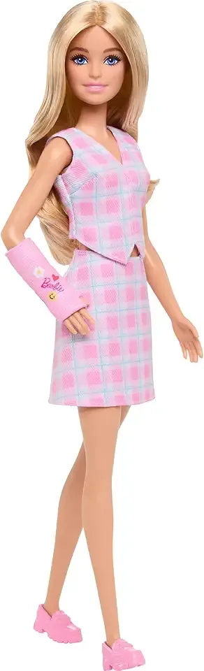 Fashionistas Doll #243 with Blonde Hair and Pink Arm Cast Accessory, Wearing Plaid Top and Skirt with Pink Loafers
