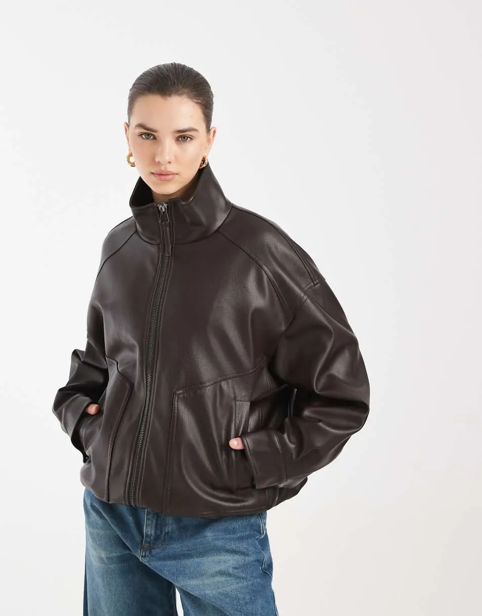 ASOS DESIGN oversized leather look funnel bomber jacket in chocolate