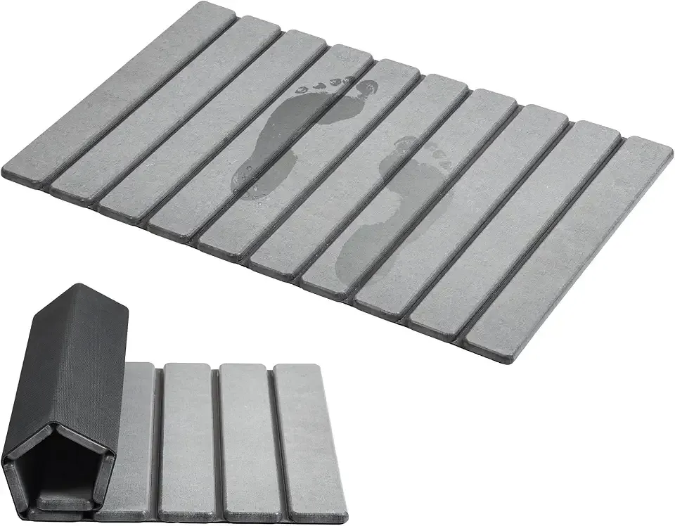 AWW Foldable Stone Bath Mat, Quick Dry Diatomaceous Earth Bath Mat with Non-Slip Mat, Super Absorbent, Easy to Clean, Compact for Small Bathrooms, 23.6 x 15.5, Grey