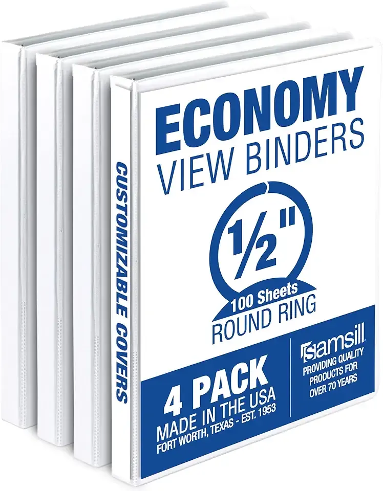 Samsill 0.5 Inch 3 Ring Binder, Made in USA, Economy Round Ring, Clear View Cover, 100 Sheet Capacity - for School, Home, Office - White, 4 Pack
