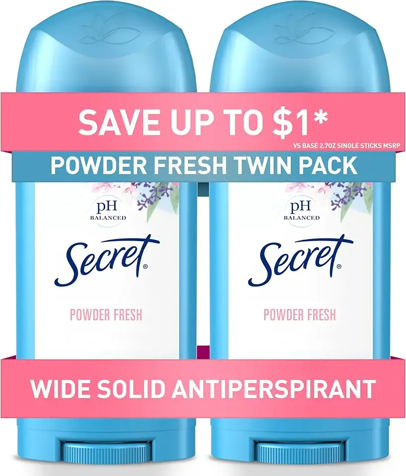 Secret Antiperspirant and Deodorant for Women, 24hr Sweat & Odor Protection, PH Balanced Protection, Gentle on Skin, Wide Solid, Powder Fresh Scent, 2.7 oz (Pack of 2)