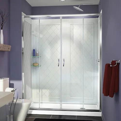 DreamLine Visions 36 in. D x 60 in. W x 76.75 in. H Alcove Shower Kit with Wall Surround, Two Glass Shelves, White Acrylic Base, Right Drain & Clear Glass Sliding Door in Chrome