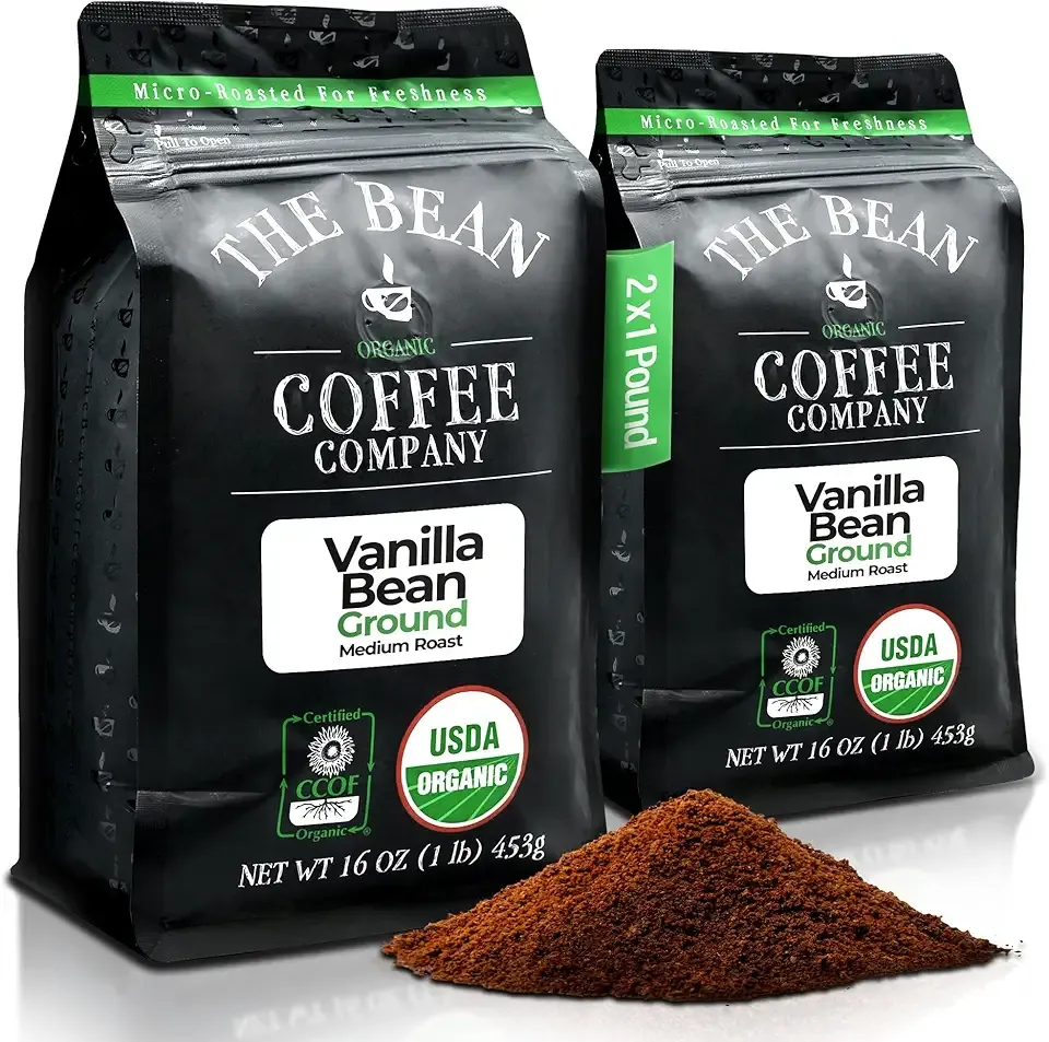 The Bean Organic Coffee Company Vanilla Bean, Medium Roast, Ground Coffee, 16-Ounce Bags (Pack of 2),Café molido tostado organico